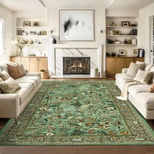 Area Rugs 9x12 Washable Non Slip Green Soft Modern Botanical Floral Rug for Living Room Bedroom Dining Room