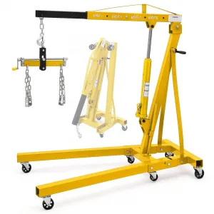 2-Ton Folding Hydraulic Engine Hoist - 4000 lbs Cherry Picker Engine Lift with Lever, Telescopic Boom, Hydraulic Tilting, 6 Iron Caster Wheels, and Hitch, Yellow