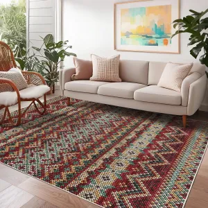Area Rugs 9x12 Red Bohemian Living Room Rug Washable Non-Slip Stain Resistant Carpet for Bedroom Nursery Apartment