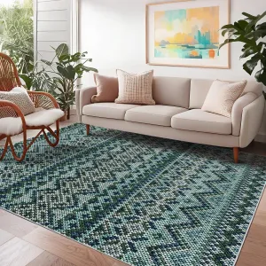Washable Boho Rug for Living Room 5x7 Blue Green, Non Slip, Stain Resistant, Low Pile Carpet
