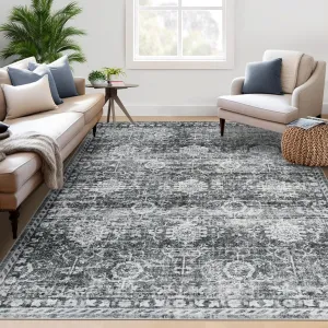 Living Room Rug 8x10 Washable Distressed Soft Vintage Boho Floral Large Area Rug Dark Grey