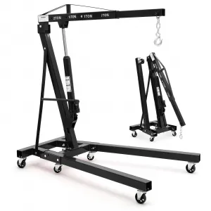 2-Ton Folding Engine Hoist - 4400 lbs Capacity Cherry Picker Hydraulic Shop Crane with Telescoping Boom, 6 Caster Wheels, Hitch, and Storage Stand for Automotive Repair and Garage Use, Black