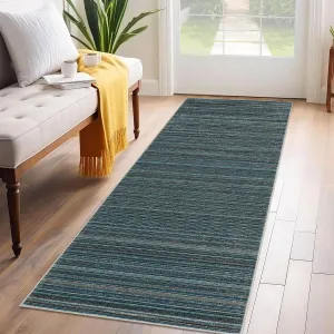 Entryway Rug 2x6 Washable Non-Slip Soft Polyester Distressed Striped Design Blue Modern Farmhouse Hallway Kitchen Bedroom