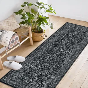 Persian Black 2x6 Vintage Floral Boho Area Rug for Living Room Bedroom, Large Washable Faux Wool, Non-Slip Low Pile Carpet, Kids and Pets Friendly