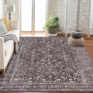 Persian Brown 8x10 Vintage Floral Boho Area Rug Large Washable Non-Slip Low Pile Faux Wool Soft Durable 8x10Ft Living Room Bedroom Dining Room