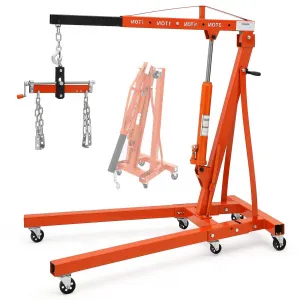 Folding Hydraulic Engine Hoist with Lever, 2T 4000 LBS Cherry Picker Engine Lift, Hydraulic Tilting Shop Crane, 6 Iron Caster Wheels, Telescopic Boom, Orange