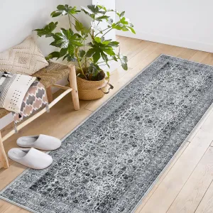 Persian Grey 2x6 Vintage Floral Boho Area Rug for Living Room Bedroom, Non-Slip Low Pile Faux Wool, Washable, Kids & Pets Friendly