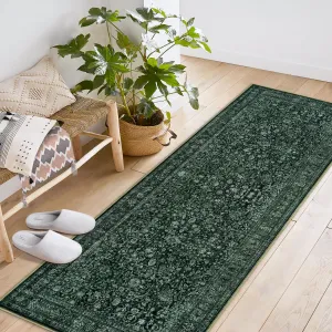 Persian Dark Green 2x6 Vintage Floral Boho Area Rug for Living Room Bedroom, Large Washable, Non-Slip Low Pile Carpet, Faux Wool, Kids and Pets Friendly