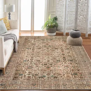 Persian Beige Camel 9x12 Vintage Floral Boho Area Rug Large Ultra-Soft Faux Wool Non-Slip Low Pile Washable Carpet for Living Room Bedroom Dining Room
