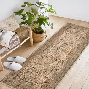 Area Rugs Vintage Floral Boho Washable Non Slip Low Pile Carpet for Living Room Bedroom Dining Room 2x6Ft Beige Caramel