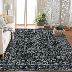 Persian Black 8x10 Vintage Floral Boho Area Rug for Living Room Bedroom, Large Washable, Non-Slip Low Pile Faux Wool Carpet, Kids Pets Friendly