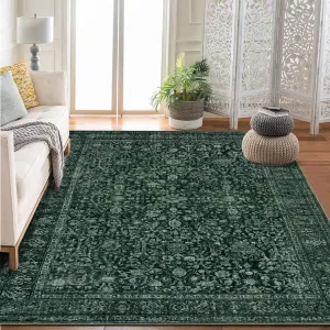 Persian Dark Green 6x9 Vintage Floral Boho Area Rug for Living Room and Bedroom, Ultra-Soft Faux Wool, Non-Slip Low Pile, Washable