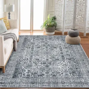 Persian Grey 6x9 Vintage Floral Boho Area Rug, Non-Slip Low Pile, Washable Faux Wool, Kids & Pets Friendly for Living Room