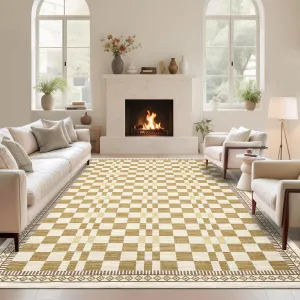 10x13 Area Rug Yellow Machine Washable Non-Slip Low Pile Abstract Checkered Carpet for Living Room Bedroom Dorm Home
