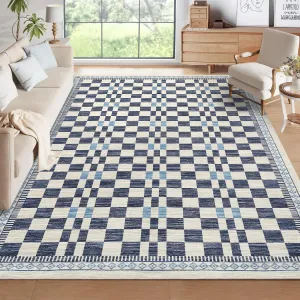 5x7 Area Rug Non-Slip Stain-Resistant Modern Checkered Blue for Baby Room Living Room Bedroom
