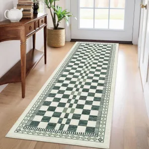 Machine Washable 2x6 Runner Rug Green Modern Abstract Checkered Carpet Non-Slip Low Pile Stain-Resistant for Hallway Kitchen Bathroom