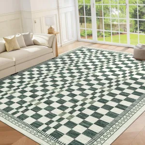 Washable Area Rug 8x10 Green Modern Abstract Checkered Carpet Non-Slip Low Pile Stain-Resistant for Bedroom Dining Dorm Home Patio Laundry Room