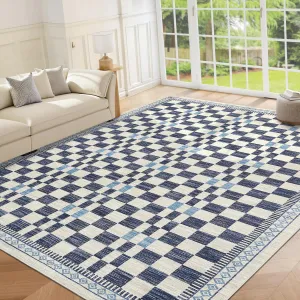 Area Rug 10x13 Machine Washable Non-Slip Low Pile Carpet Modern Abstract Checkered Blue for Living Room Bedroom Baby Room