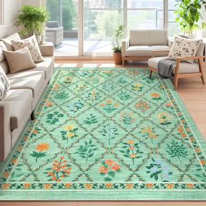 Washable Area Rug 5x7 - Floral Diamond Pattern, Non-Slip, Stain Resistant, Soft Polyester, Low Pile, Machine Washable, Living Room, Bedroom, Office