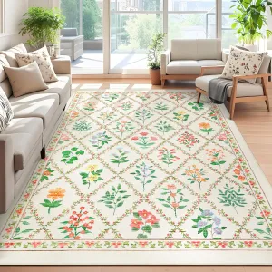 Modern Area Rug 9x12 - Floral Trellis Pattern, Soft & Durable, 100% Polyester, Non-Slip, Stain-Resistant, Machine Washable - Living Room, Bedroom
