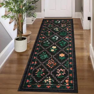 Floral Printed Runner Rug 2x6, Non-Slip, Ultra-Thin, 100% Polyester, Stain-Resistant, Machine Washable, Indoor Use, Bedroom Kitchen Laundry