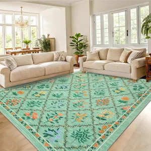 Washable Floral Living Room Rug 8x10 Large Stain-Resistant Soft Polyester Non-Slip Backing Farmhouse Accent for Bedroom Kitchen