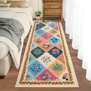 Hallway Rug 2x6 Colorful Floral Diamond Pattern Non-Slip, Washable Polyester, Stain-Resistant, Low Pile, Bedroom Living Room Kitchen