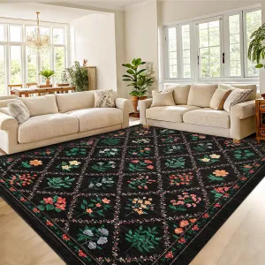 Farmhouse Area Rug 5x7 - Floral Diamond Pattern, Non-Slip & Machine Washable, 100% Polyester, Stain-Resistant Low Pile, Foldable Indoor Mat for Living Room & Bedroom