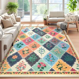 Modern Area Rug 5x7 - Floral Diamond Pattern, Non-Slip, 100% Polyester, Machine Washable, Stain-Resistant, Low Pile, Beige/Green/Black/Colorful, Living Room/Bedroom/Office