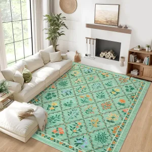 Large Area Rug 10x13 Floral Trellis Pattern Non-Slip, Stain Resistant 100% Polyester Low Pile Washable for Living Room, Bedroom, Dining
