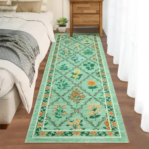 Modern Washable Rugs 2x6 Runner with Floral Diamond Pattern, Soft & Durable Polyester, Non-Slip & Stain-Resistant, Green, Ideal for Entryway & Living Room