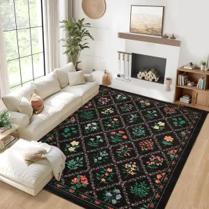 Large Living Room Rugs 8x10 Floral Trellis Pattern, Machine Washable, Non-Slip, Polyester, Stain Resistant, Low Pile, Black, Bedroom & Nursery