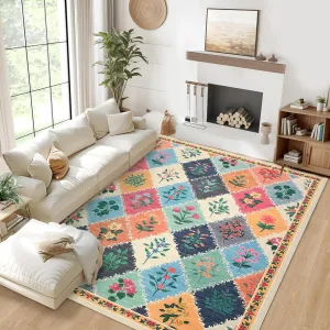 Large Living Room Area Rug 8x10 - Machine Washable Non Slip Floral Rug, Colorful, Low Pile, Durable Polyester for Bedroom Nursery Classroom Dorm
