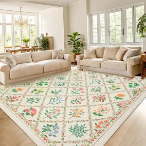 Large Dining Room Rug 10x13 Floral Diamond Pattern Stain-Resistant Soft Polyester Low Pile Non-Slip Beige Farmhouse Living Room Office