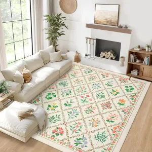 Washable Area Rug 8x10 Floral Trellis Pattern Non-Slip Stain Resistant 100% Polyester Farmhouse Living Room Bedroom Dining Room