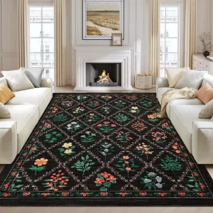 Washable Floral Area Rug 10x13 Non-Slip Stain-Resistant Polyester Low Pile Durable Farmhouse Bedroom Living Room Dining