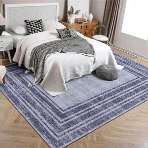 5x7 Washable Area Rug Blue, Modern Bordered Solid Low Pile Rug for Living Room, Bedroom, Dining Room, Office, Playroom, Home Decor