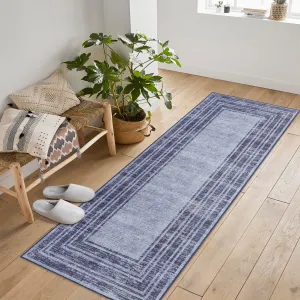 2x6 FT Modern Washable Area Rug for Living Room, Border Pattern Soft Floor Rug with Non Slip Backing, Stain Resistant Floor Carpet Blue