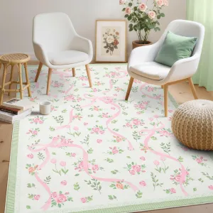 Floral Area Rug 9x12 Soft Botanical Print Non-Slip Ultra Thin Faux Wool Machine Washable Living Room Bedroom Nursery