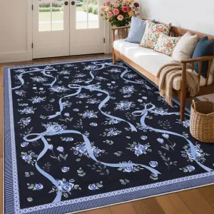 Washable Floral Area Rug 9x12 - Non-Slip, Stain Resistant - Low Pile, Non Shedding - Rubber Backing - Living Room, Bedroom, Playroom