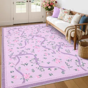 5x7 Floral Print Rug for Living Room Girls Bedroom Low Pile Washable Stain Resistant Non Slip Folding Carpet