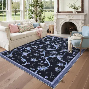 Washable Floral Area Rug 8'x10' - Non-Slip, Stain-Resistant, Low-Pile Polyester - Foldable, Soft Pearl Velvet - Living Room, Bedroom, Nursery
