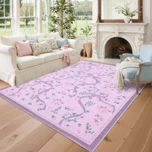 Large Washable Floral Area Rug 10'x13' Non-Slip Stain-Resistant Polyester Foldable Low-Pile Carpet for Living Room Bedroom Nursery