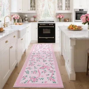Floral Runner Rug 2x6 Low Pile Stain Resistant Cotton Non-Slip, Machine Washable Folding Rug for Hallway and Kids Room