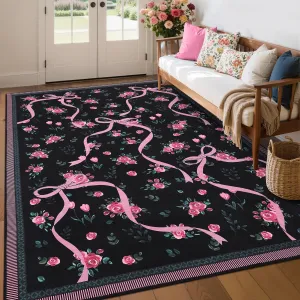 Washable Floral Rug 9x12 Low Pile Non-Slip Stain Resistant Rubber Backing Foldable for Living Room Kids Bedroom
