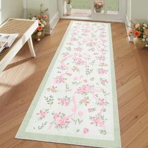 Floral Print Washable Rug 2x6 Non-Slip Lightweight Faux Wool Botanical Design for Entryway Kitchen Nursery Playroom