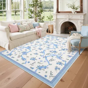 Floral Bow Area Rug 8x10 - Soft Low Pile, Non-Slip Rubber Backing - Faux Wool Fiber, Machine Washable - Blue Washable Rug for Kids' Bedroom, Nursery, Living Room