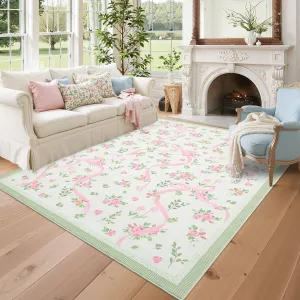 Coquette Green Floral Bow Rug 8x10 - Soft Low Pile, Non-Slip Rubber Backing, Machine Washable - Faux Wool Fiber, Kids & Pets Friendly - Nursery, Bedroom, Living Room