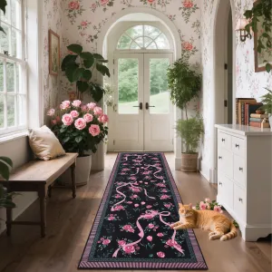 Modern Bowknot Printed Runner Rug Low Pile Soft Washable Polyester Non-Shedding Foldable Indoor Bedroom Living Room Bathroom 2x6 ft Black