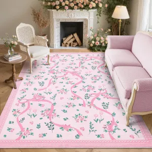 Coquette Pink Bow Rugs for Bedroom Girls, 5x7 Area Rugs for Living Room with Soft Low Pile, Non Slip Floral Washable Rug 5x7 for Nursery Kids Playroom Dining Room College Dorm Girl Rug